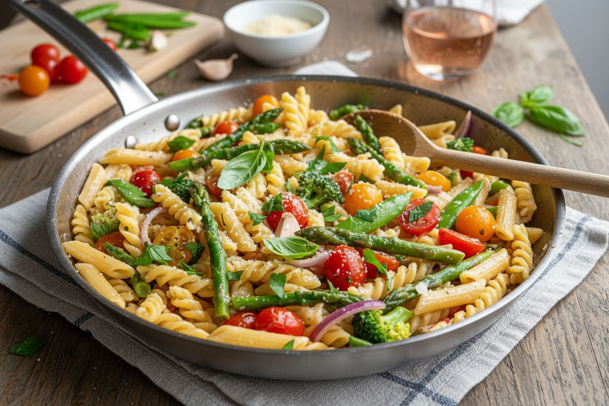 Pasta primavera aux légumes de saison (one-pan)