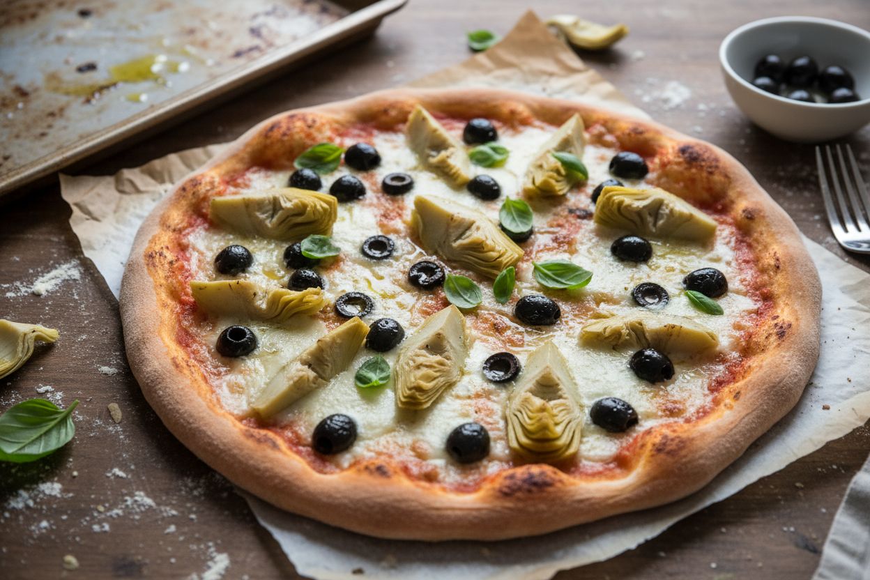 Pizza aux artichauts et olives noires
