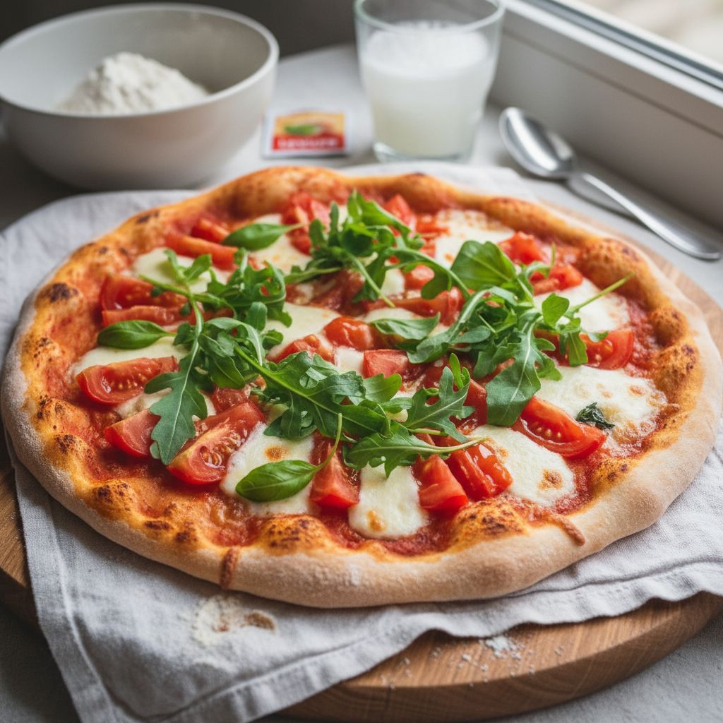 Pizza végétarienne maison (tomates, mozzarella, roquette)