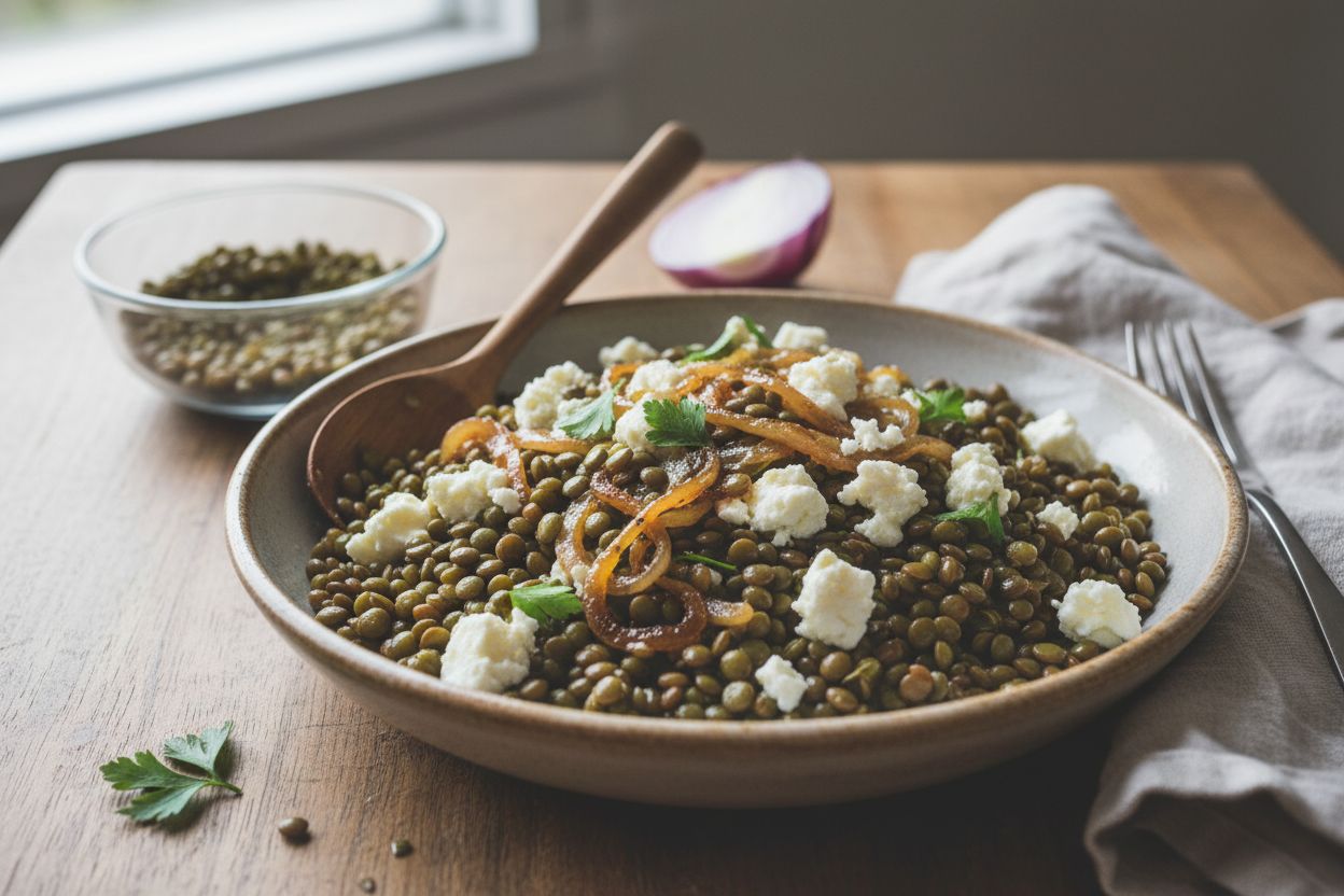 Salade tiède de lentilles, féta & oignons caramélisés