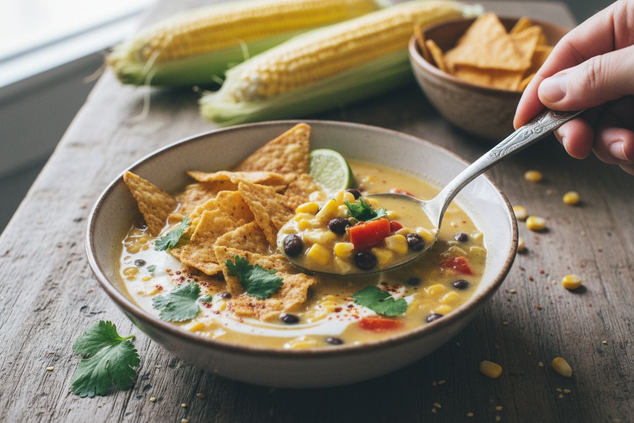 Soupe de maïs à la mexicaine avec tortilla chips