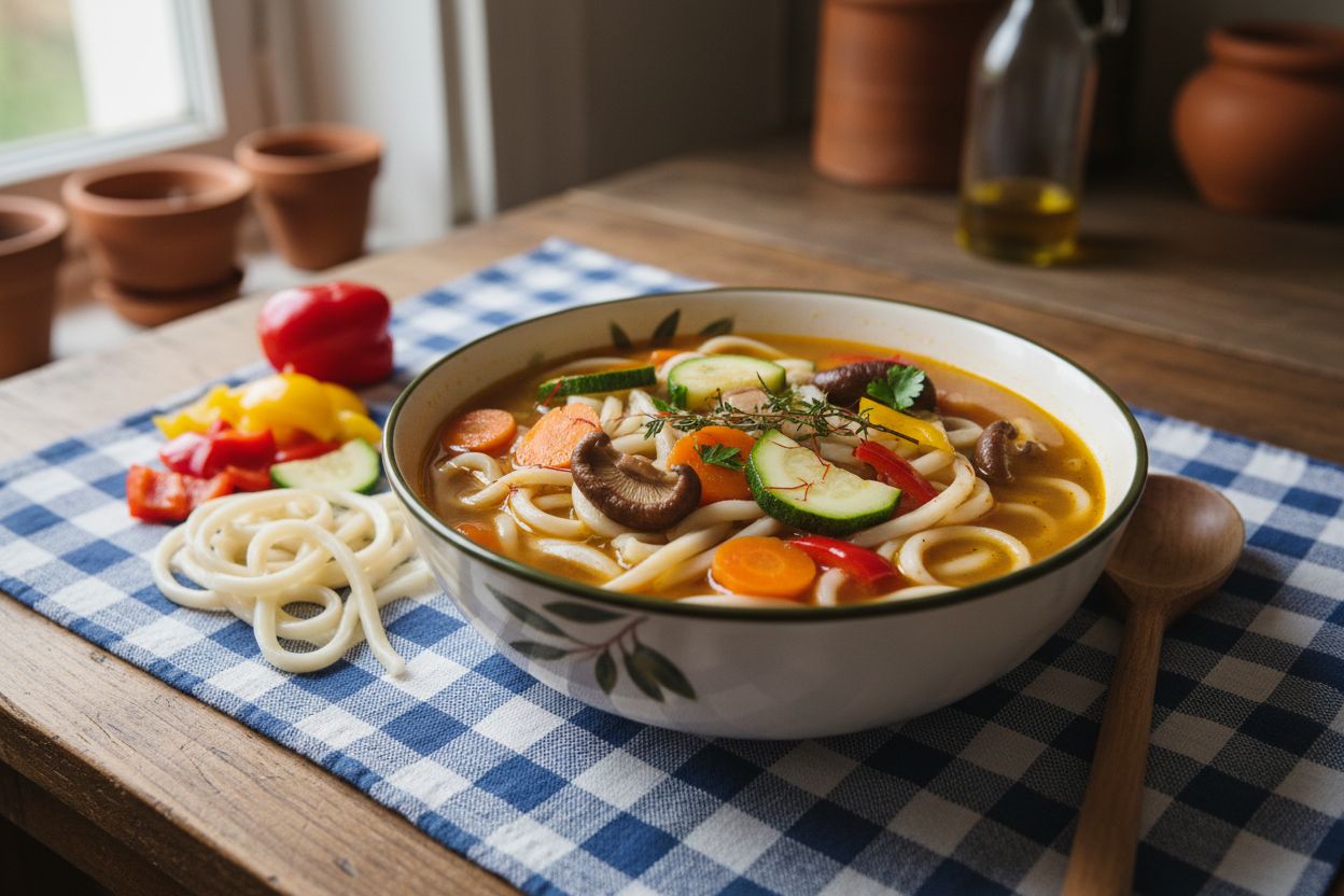 Soupe de nouilles udon aux légumes