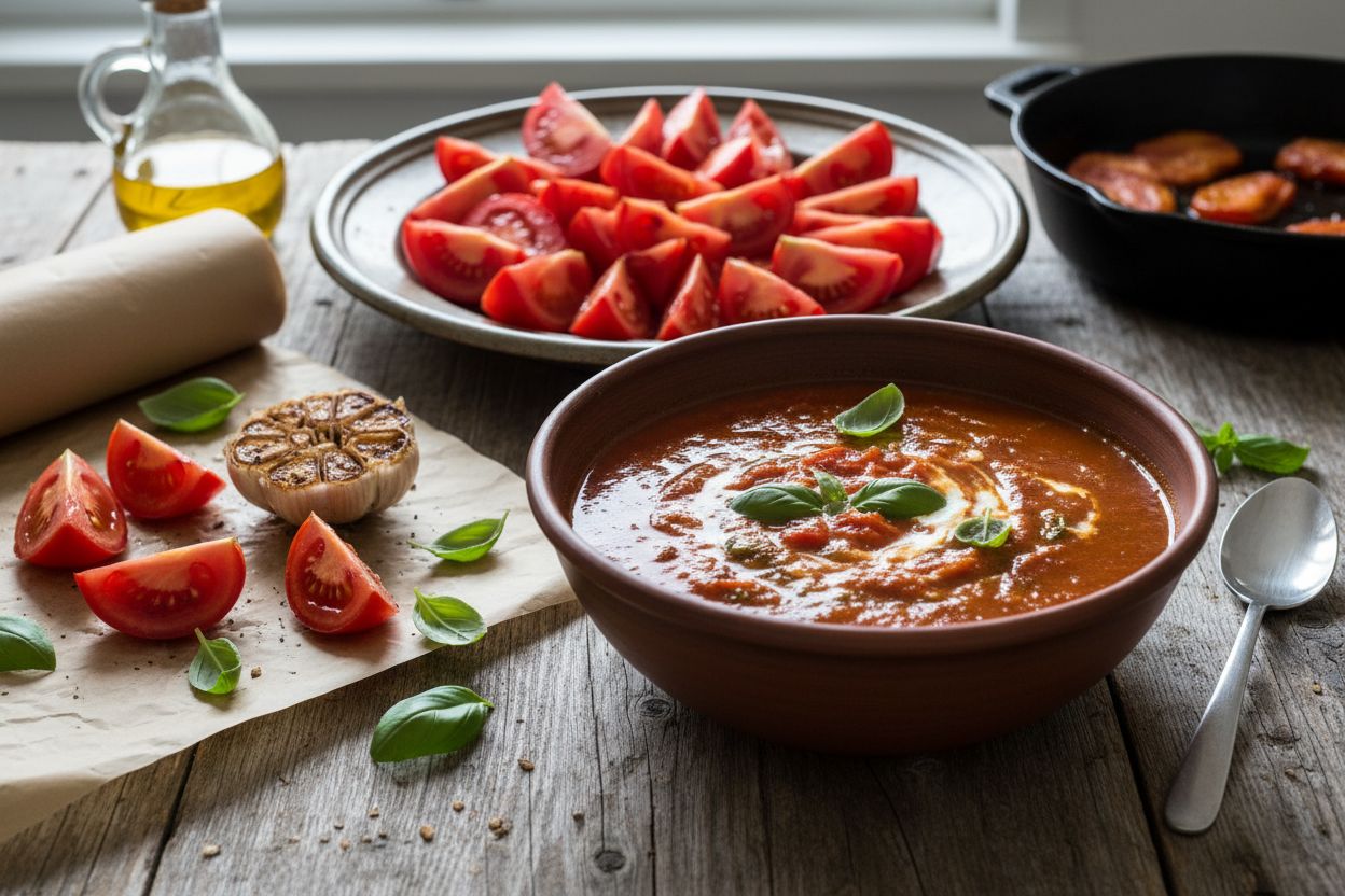Soupe de tomates rôties au basilic
