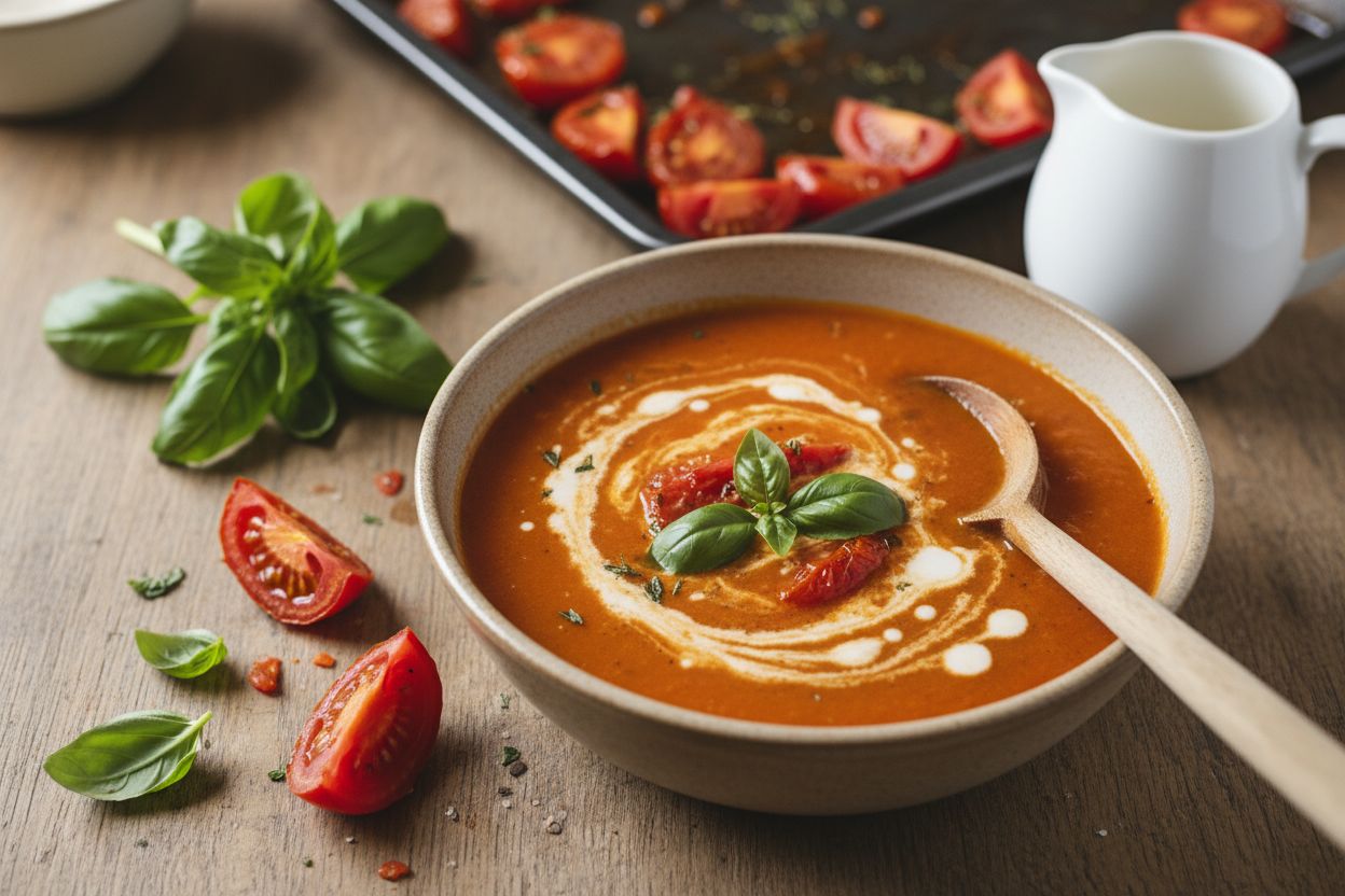Soupe de tomates rôties et basilic, crème légère