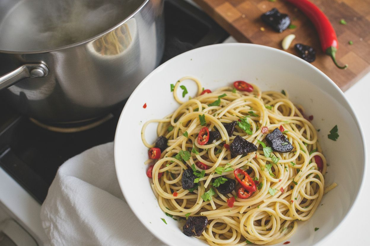 Spaghetti à l'ail noir et piment