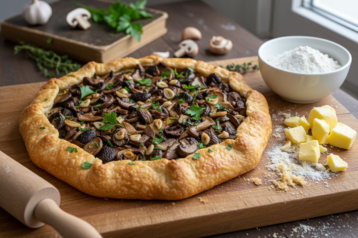 Tarte fine aux champignons, ail & persil (pâte rapide)