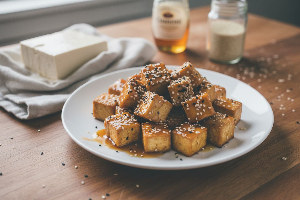 Tofu croustillant à la fécule, sauce miel-sésame