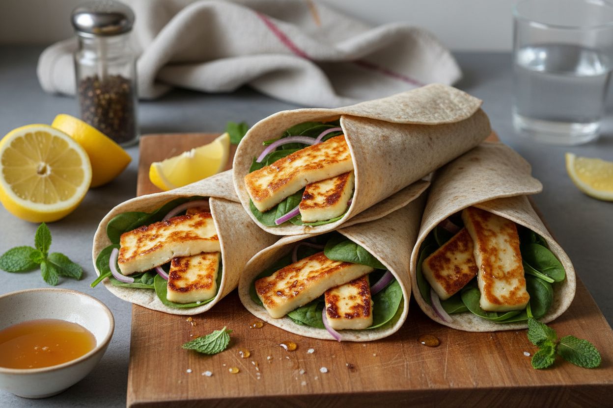 Wraps végétariens au halloumi, miel & citron