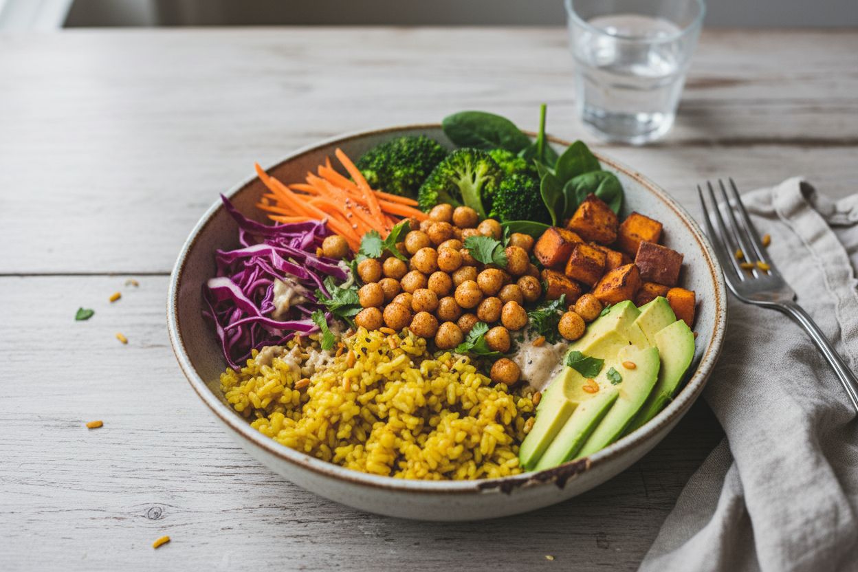 Buddha bowl complet (riz, légumes, pois chiches) terminé