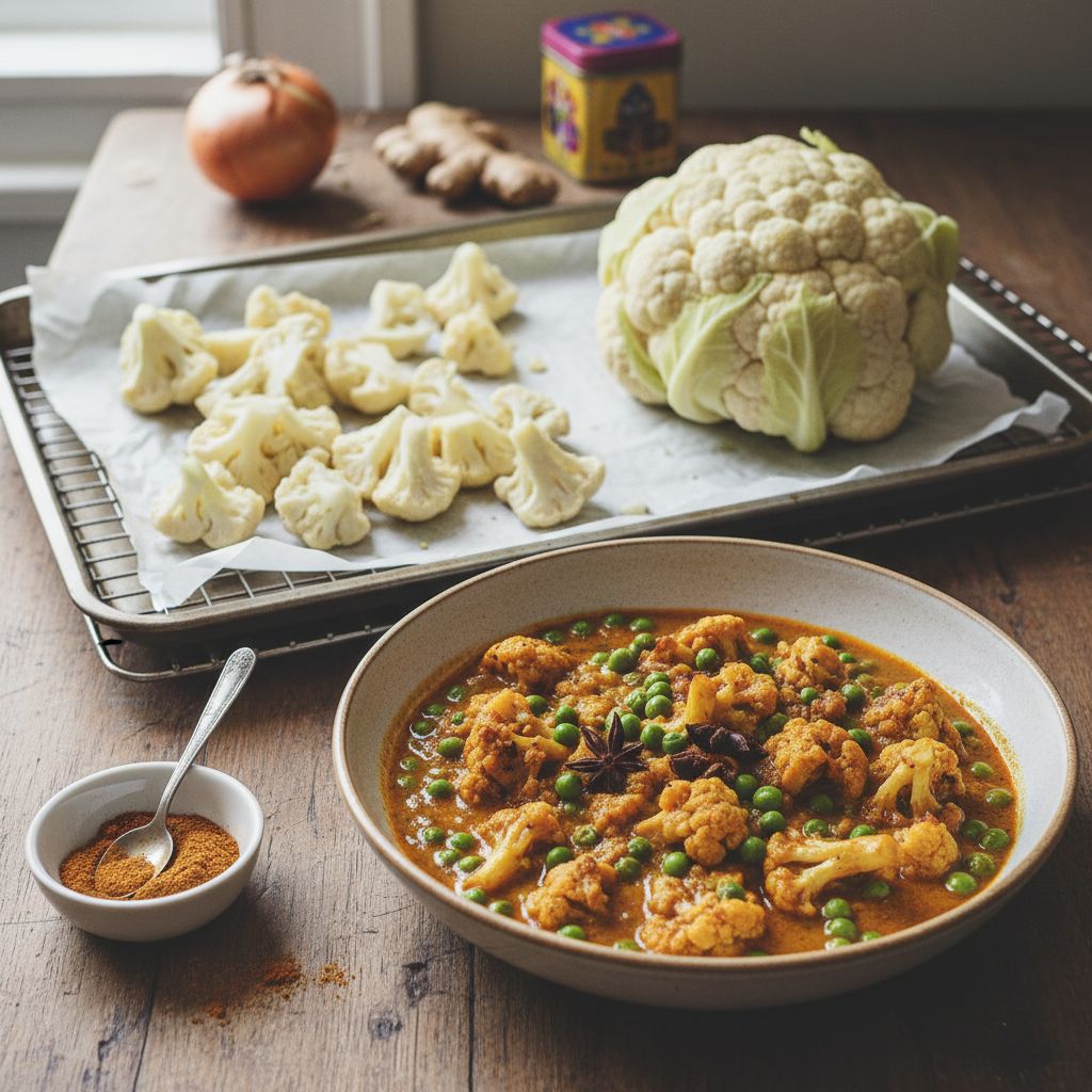 Curry de chou-fleur rôti et petits pois (masala rapide) terminé