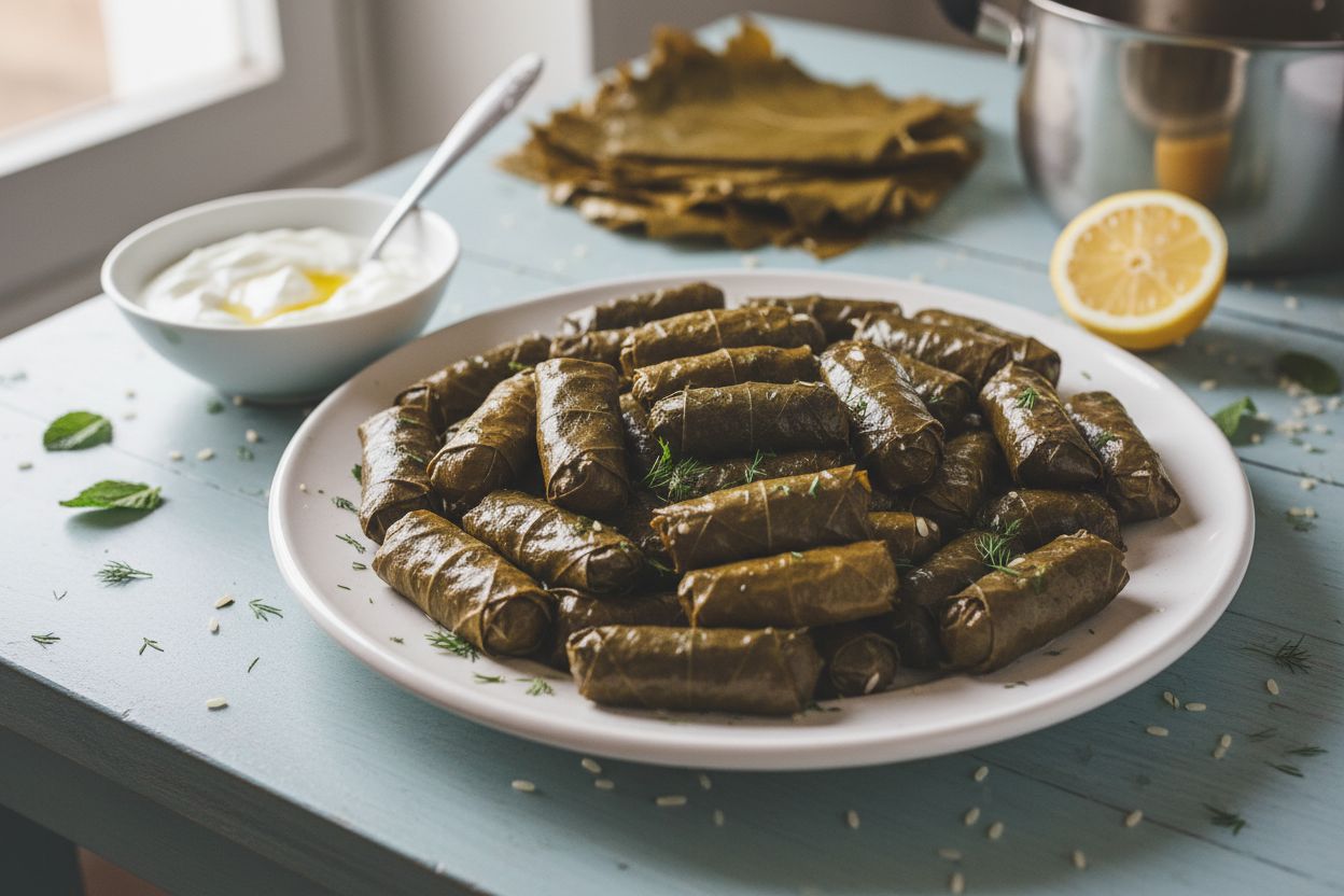 Dolmas grecs (feuilles de vigne farcies au riz) terminé