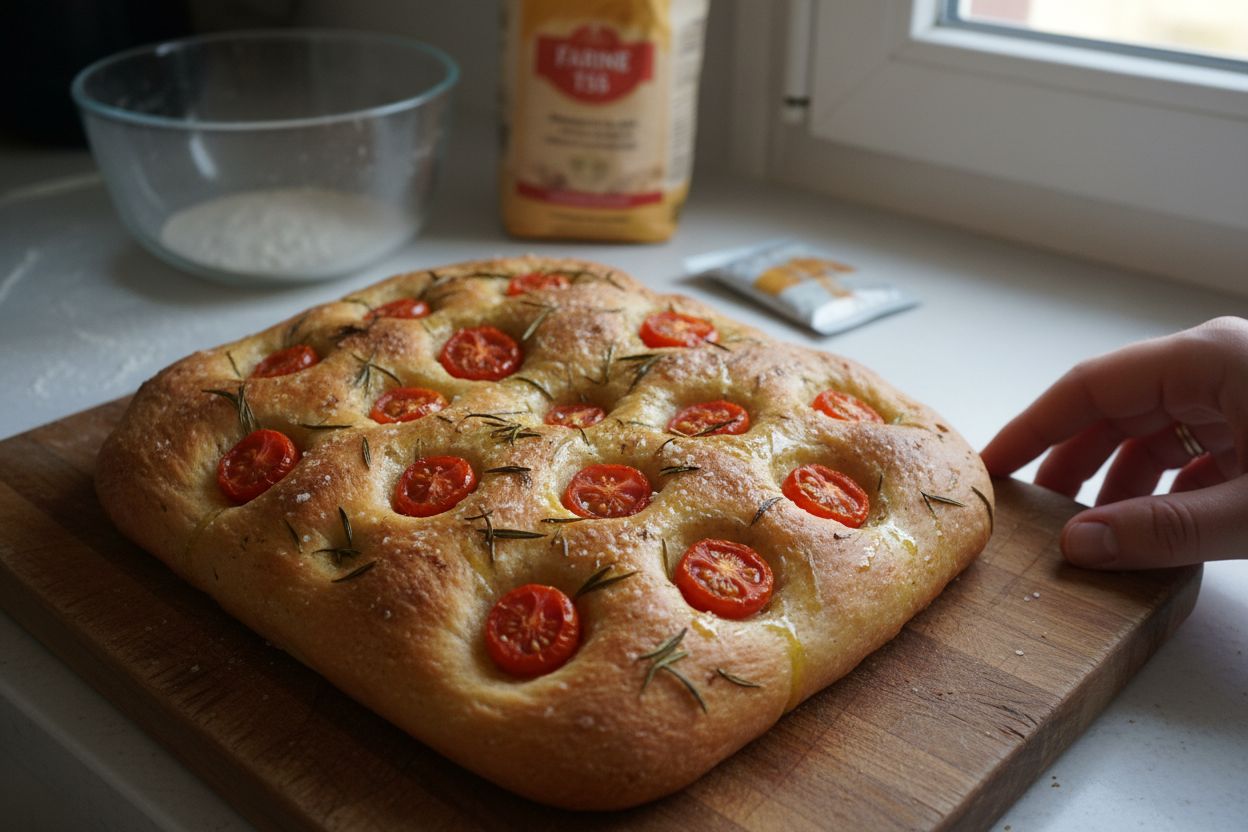Focaccia aux tomates cerises et romarin terminé