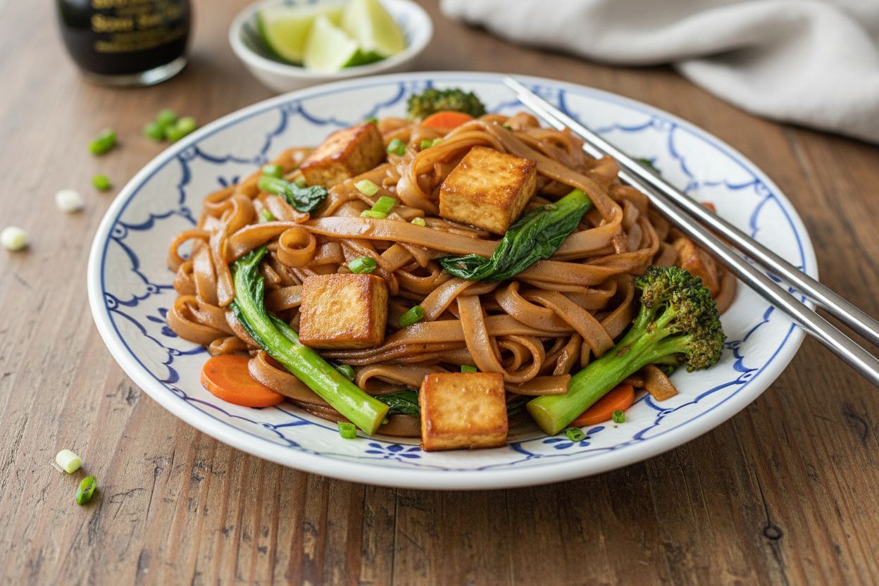 Pad see ew végétarien (nouilles de riz sautées) terminé
