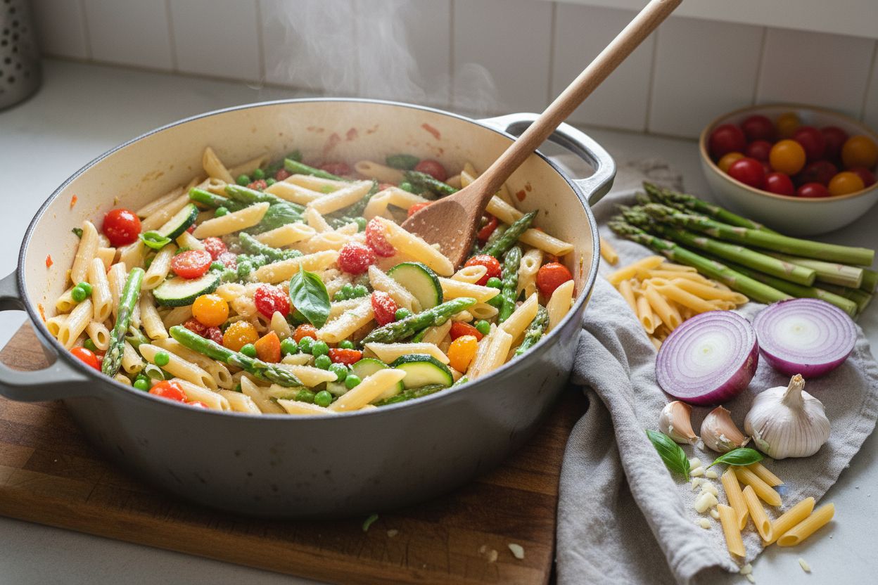 Pasta primavera aux légumes de saison (one-pan) terminé