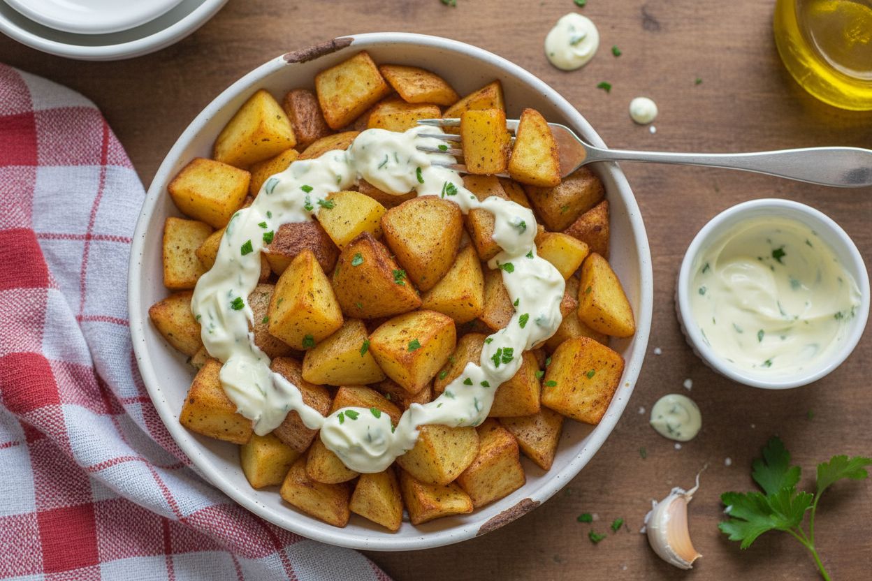 Patatas bravas avec sauce aïoli terminé
