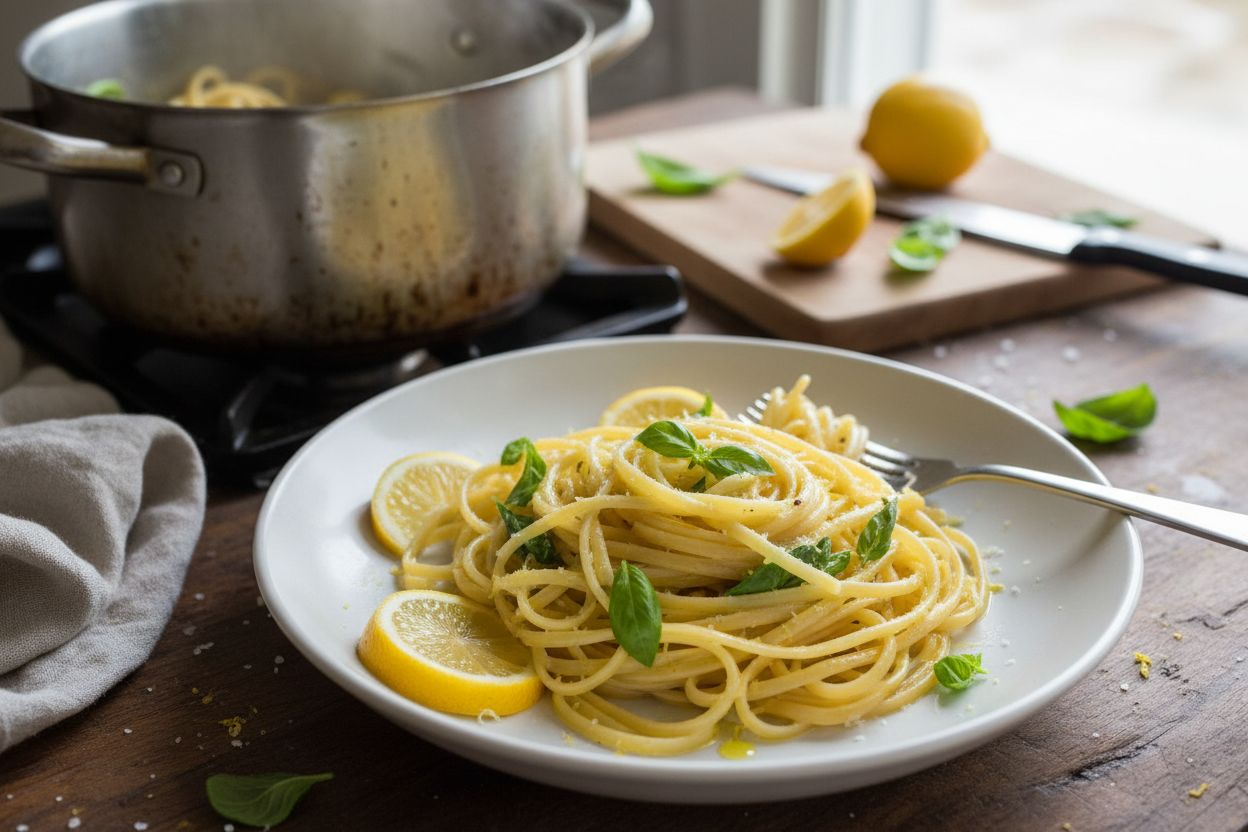 Pâtes au citron et basilic terminé