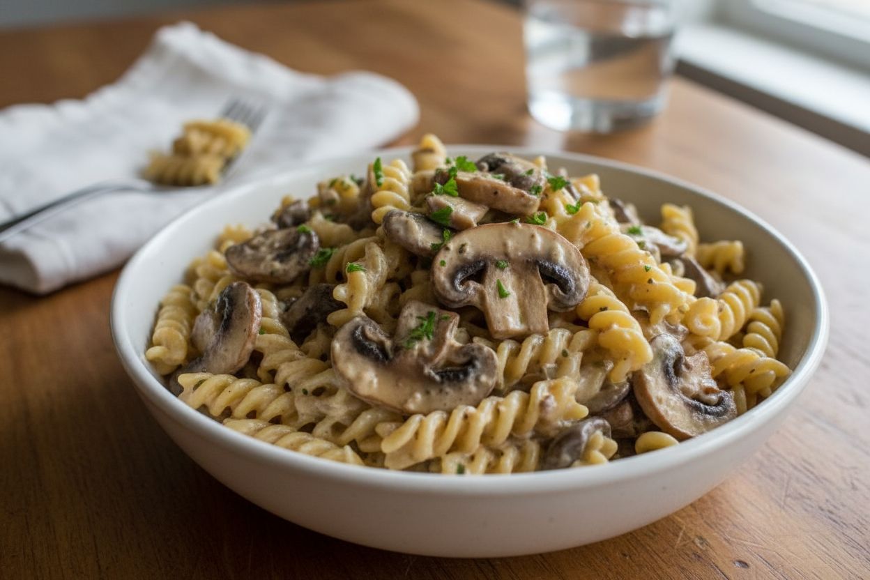 Pâtes aux champignons et crème terminé
