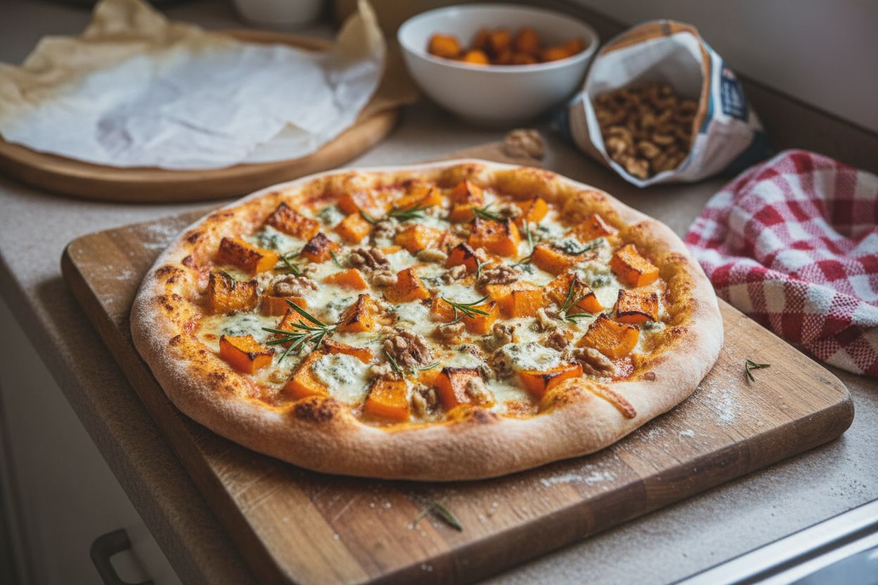 Pizza à la courge rôtie, gorgonzola & noix terminé