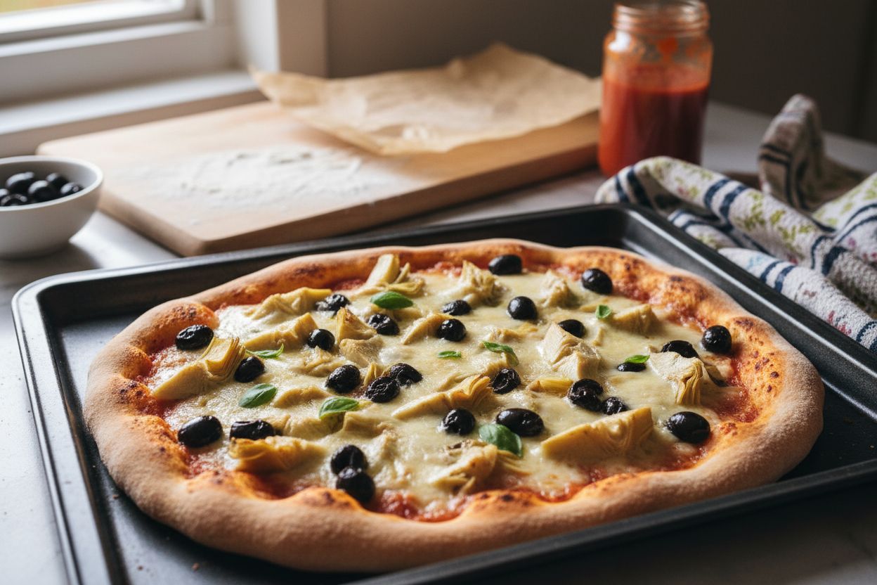 Pizza aux artichauts et olives noires terminé