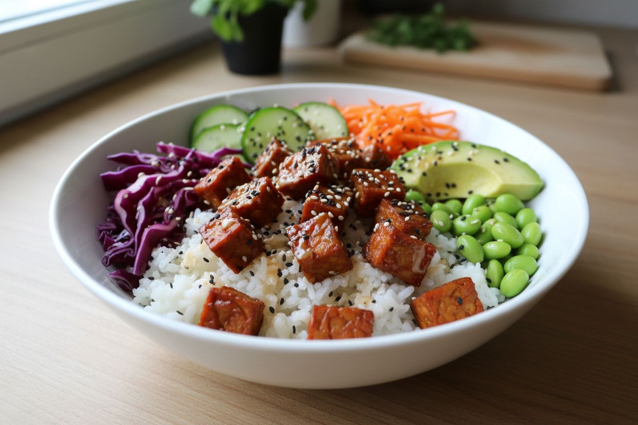 Poke bowl végétarien au tempeh mariné (facile) terminé