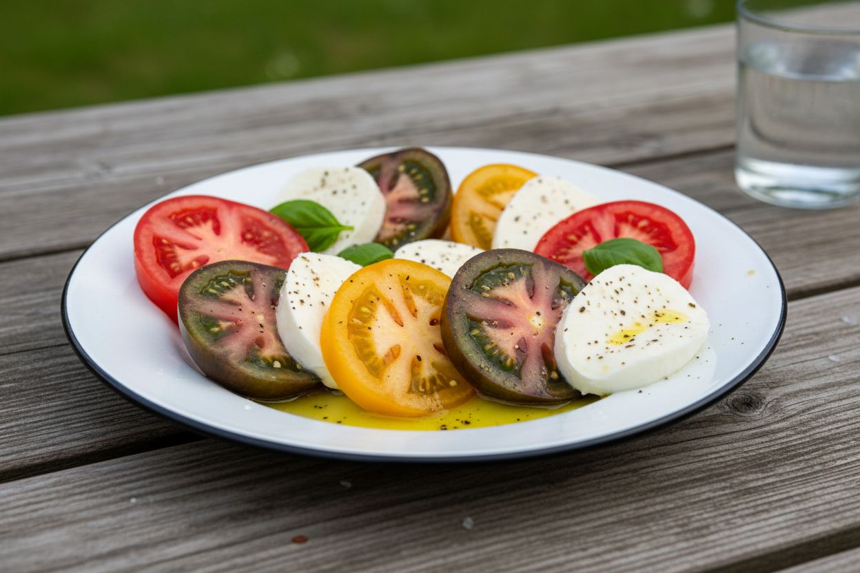 Salade caprese aux tomates anciennes terminé