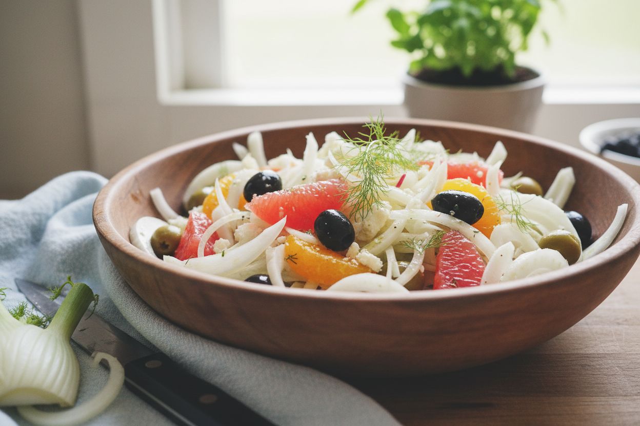 Salade de fenouil, agrumes et olives terminé