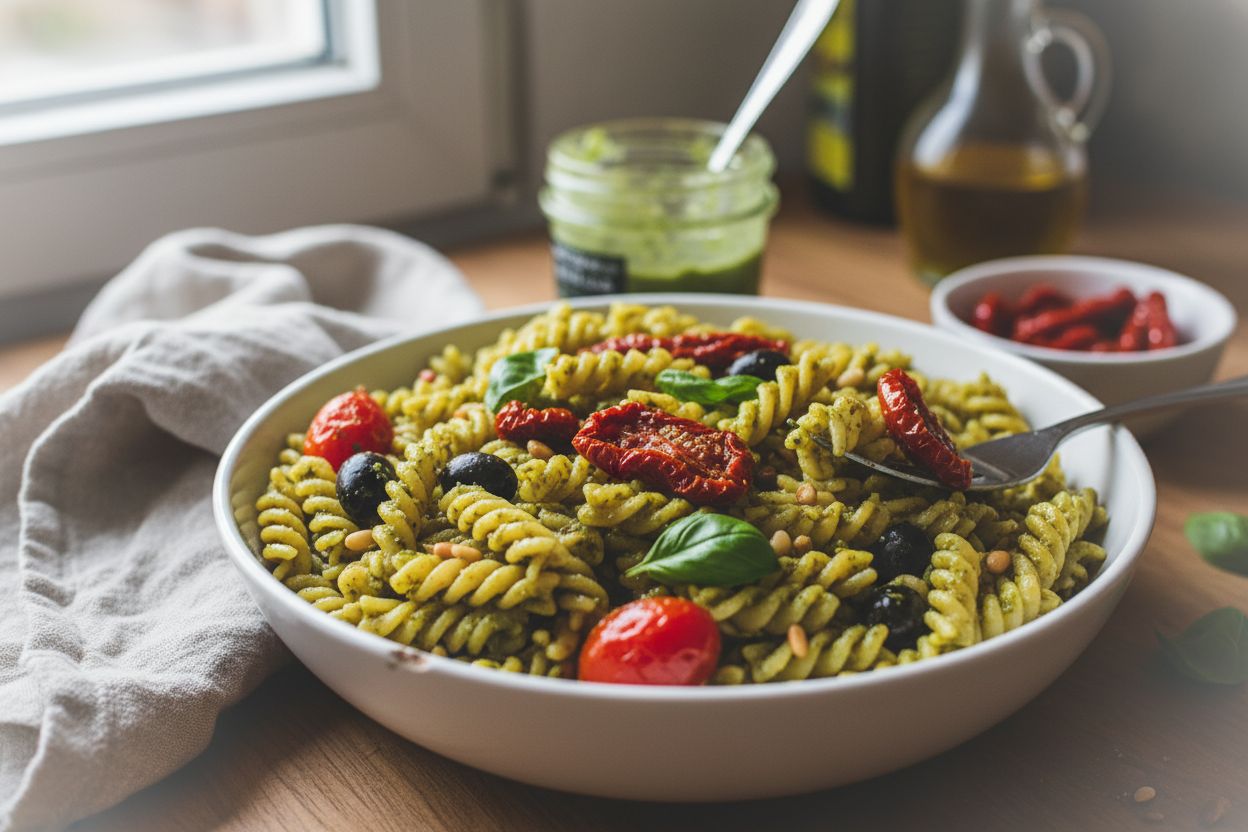 Salade de pâtes au pesto et tomates séchées terminé