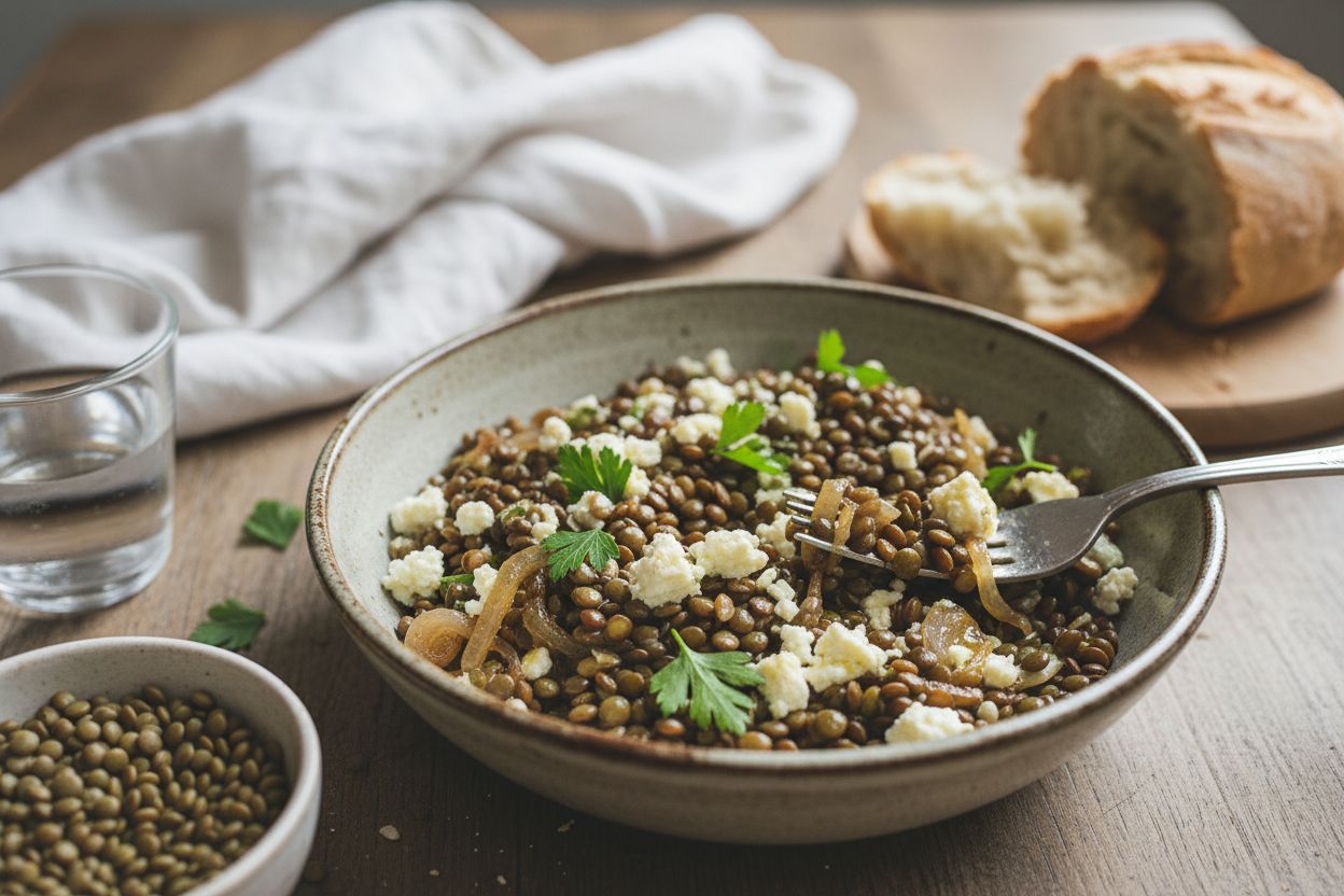 Salade tiède de lentilles, féta & oignons caramélisés terminé