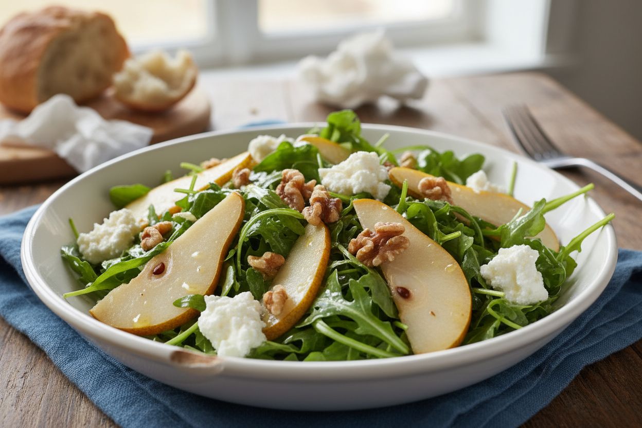 Salade de roquette, poires et noix terminé