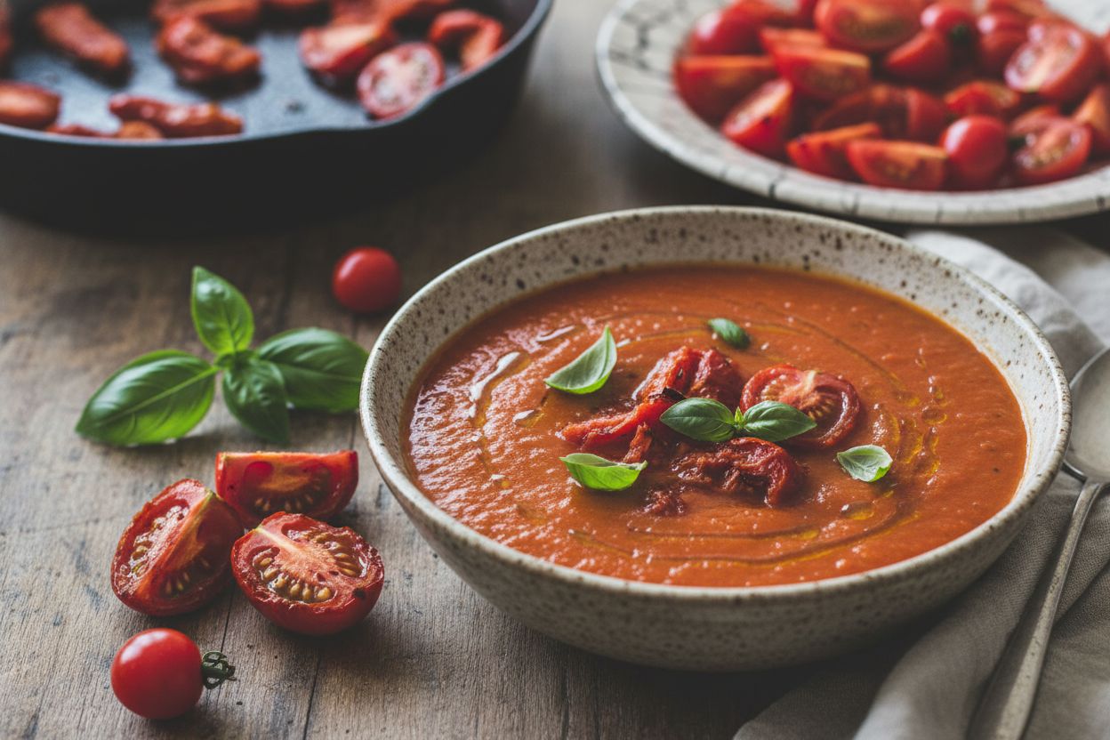 Soupe de tomates rôties au basilic terminé
