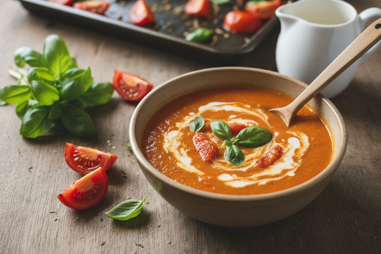 Soupe de tomates rôties et basilic, crème légère terminé