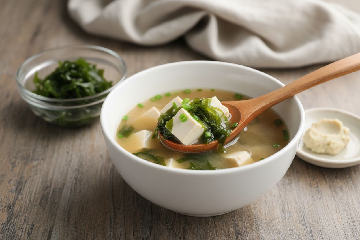 Soupe miso avec tofu et algues terminé