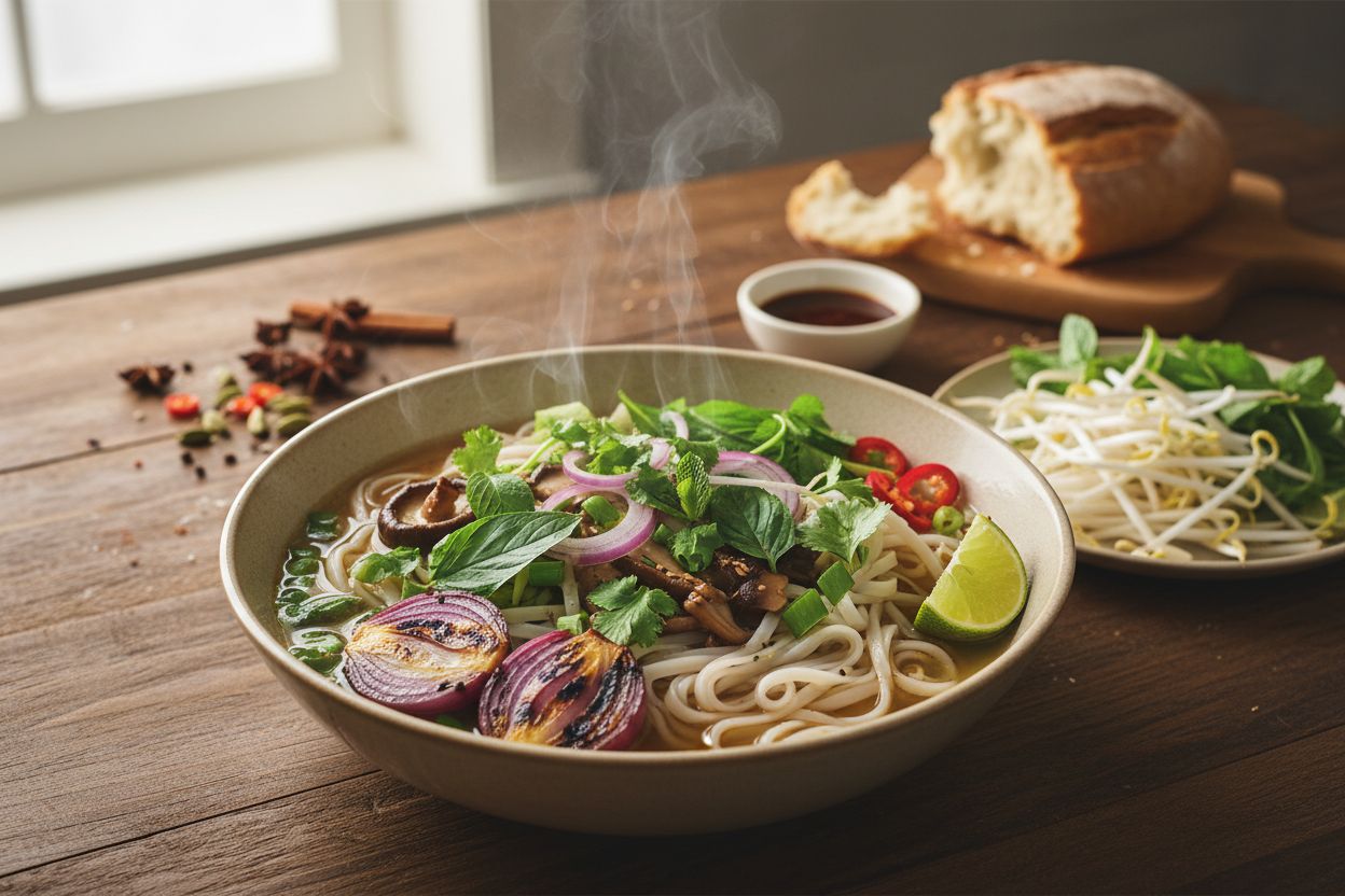 Soupe pho vietnamienne végétarienne terminé