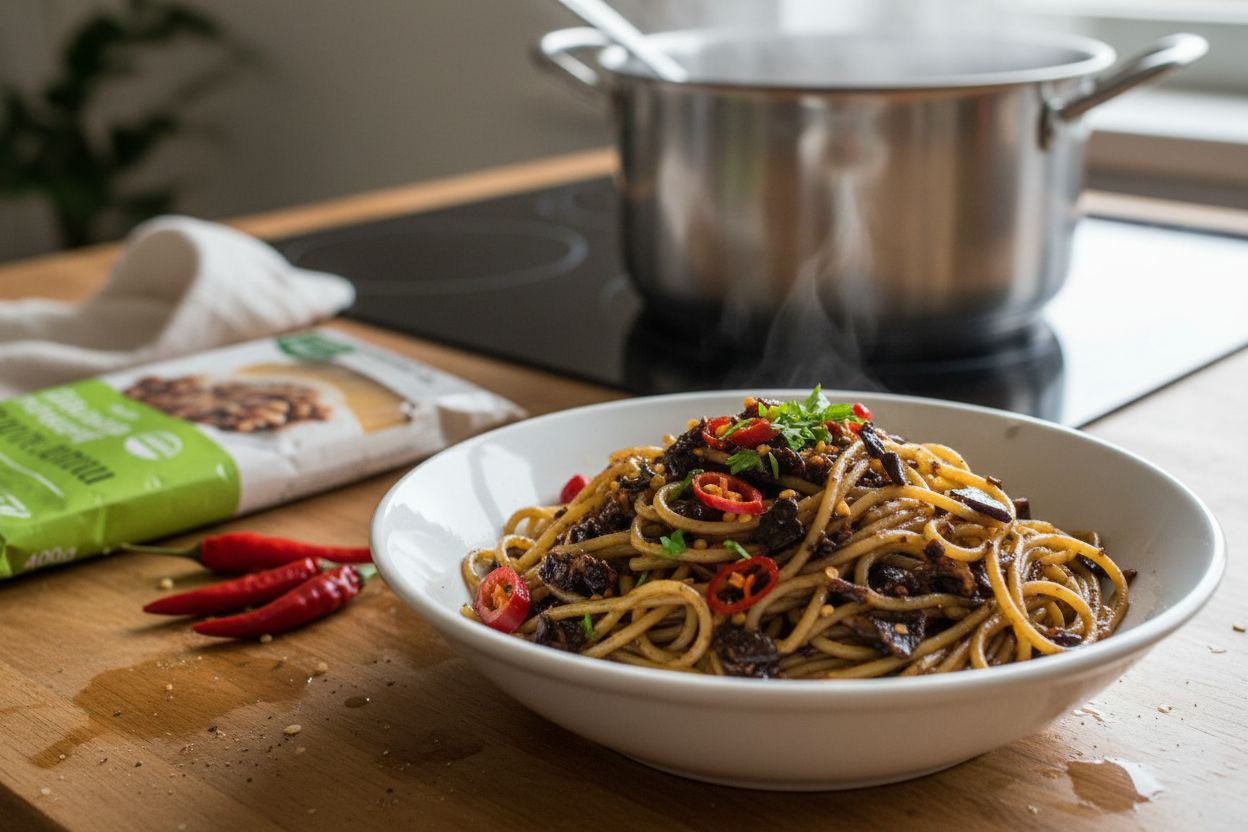 Spaghetti à l'ail noir et piment terminé