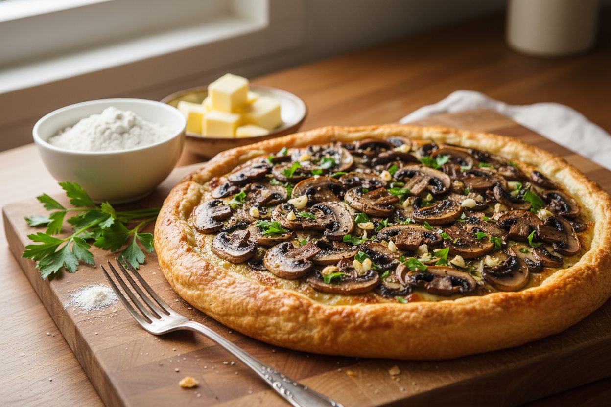 Tarte fine aux champignons, ail & persil (pâte rapide) terminé