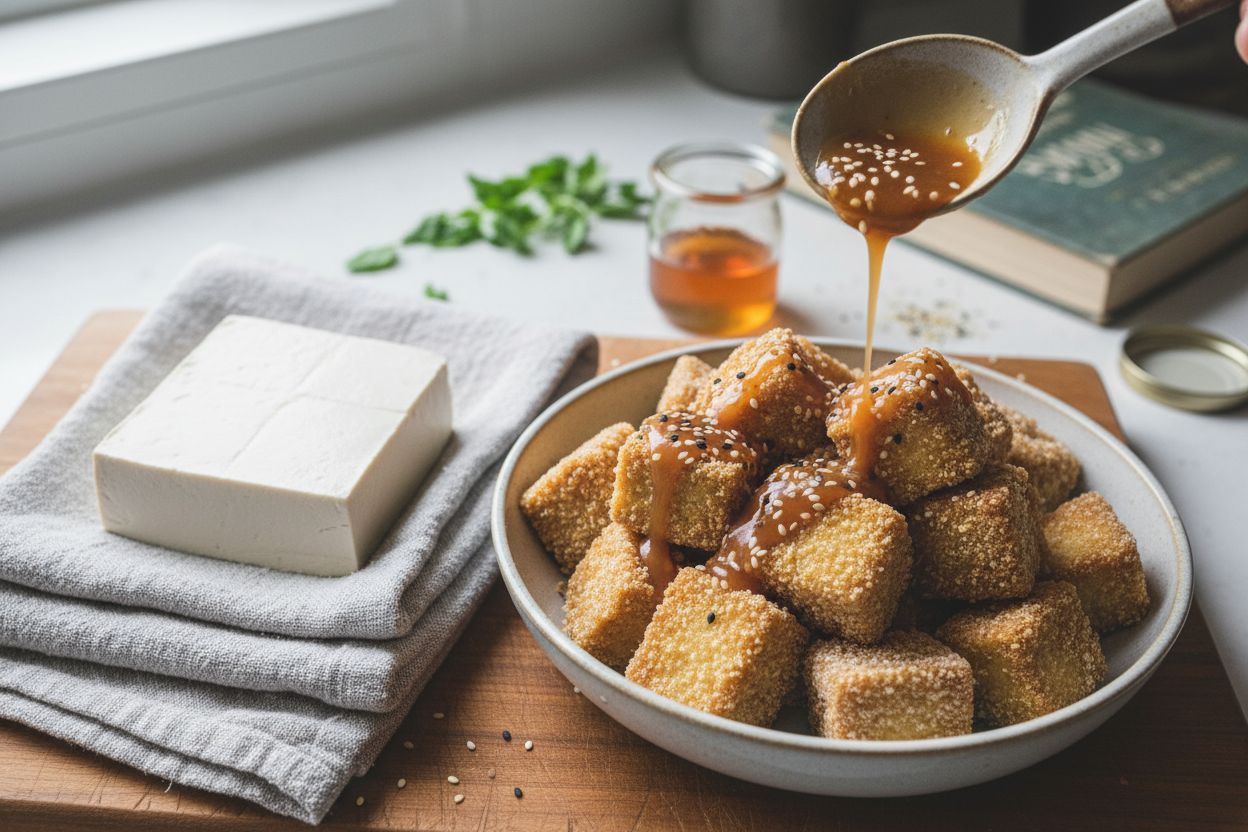 Tofu croustillant à la fécule, sauce miel-sésame terminé