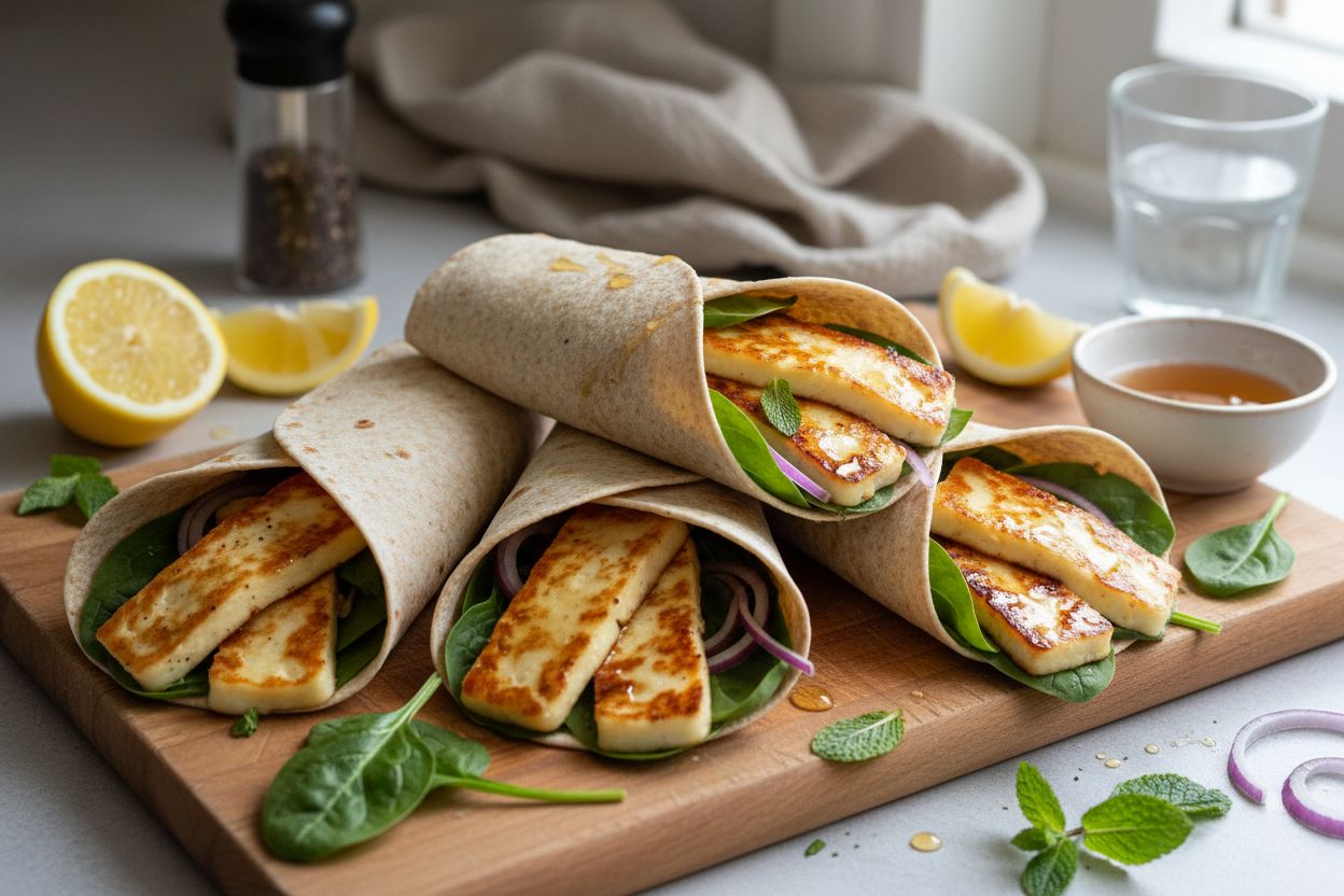Wraps végétariens au halloumi, miel & citron terminé