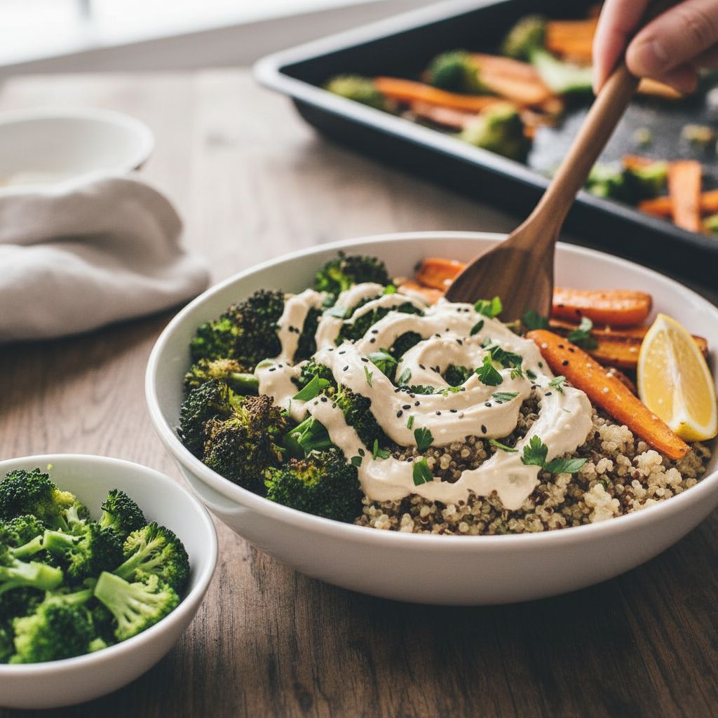 Buddha bowl d’hiver rôtis : brocoli, carottes, tahini