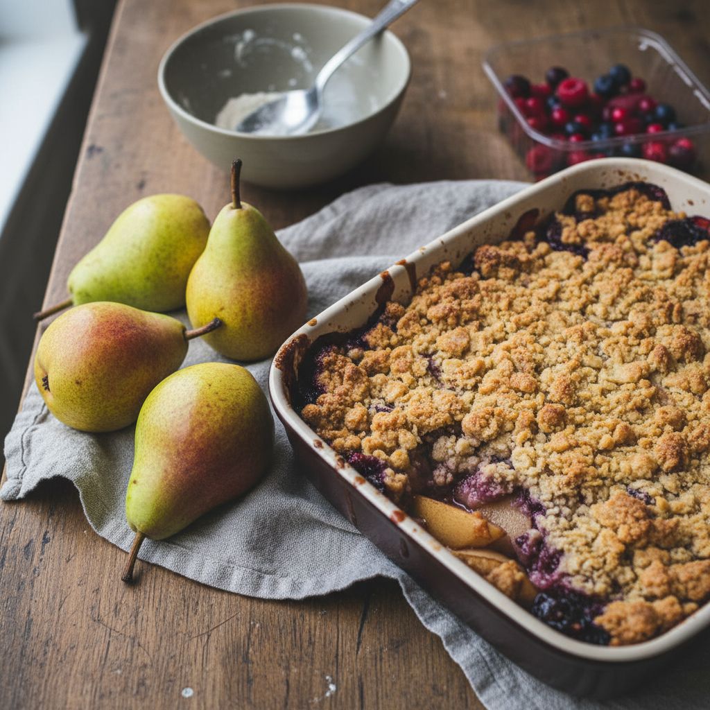 Crumble poires fruits rouges