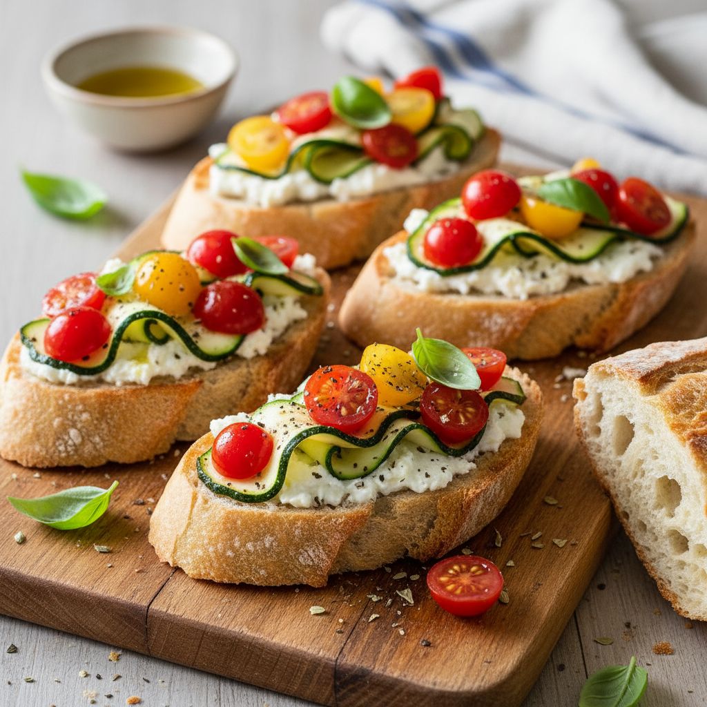 Bruschetta au fromage de chèvre, courgettes et tomates