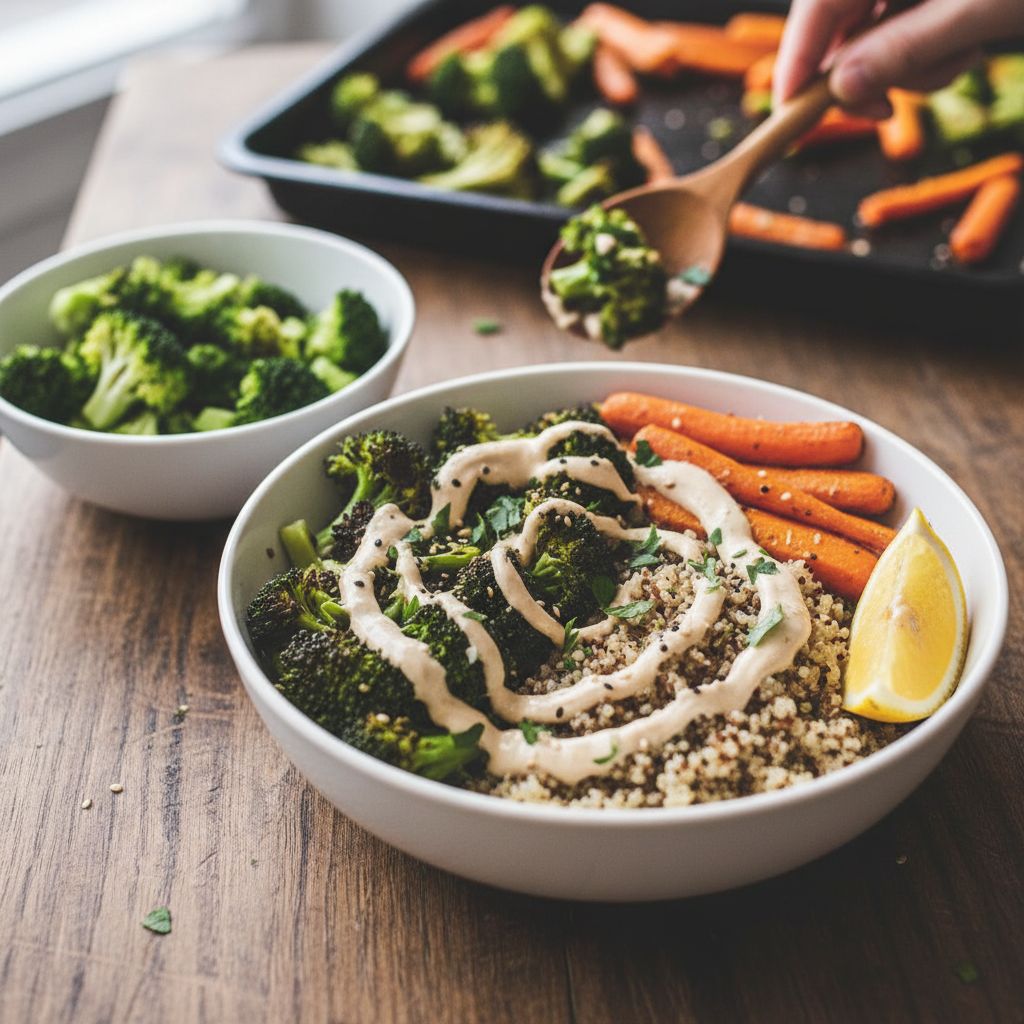 Buddha bowl d’hiver rôtis : brocoli, carottes, tahini terminé