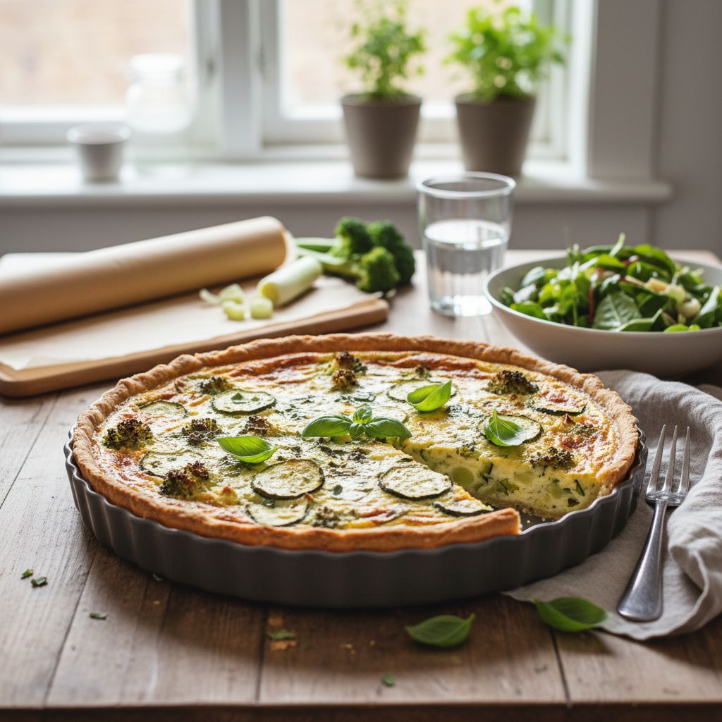 Quiche vegetarienne poireaux brocolis courgettes terminé