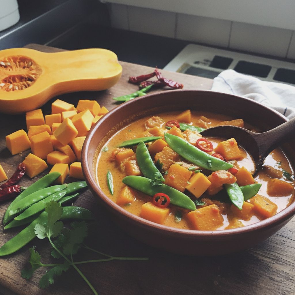 Curry rouge de butternut et pois mange-tout terminé