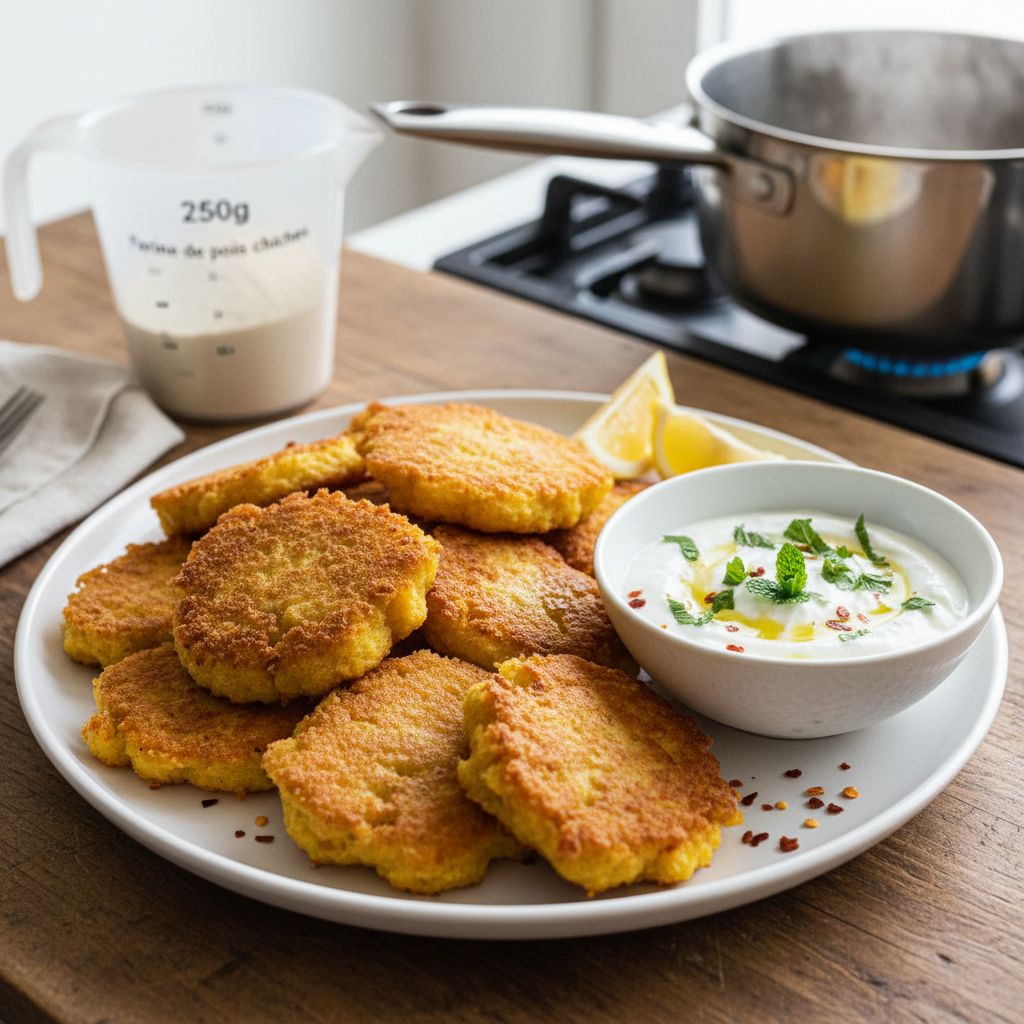 Galettes de pois chiches façon panisse, sauce yaourt terminé