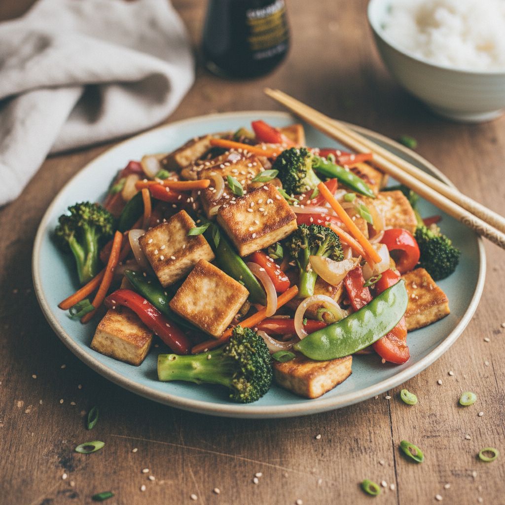 Tofu sauté aux légumes et sauce soja terminé