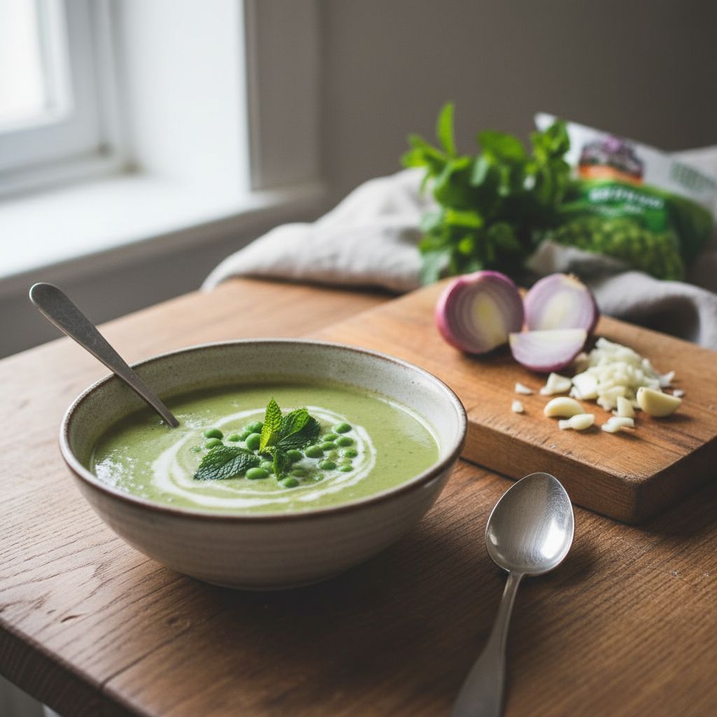 Velouté de petits pois à la menthe terminé