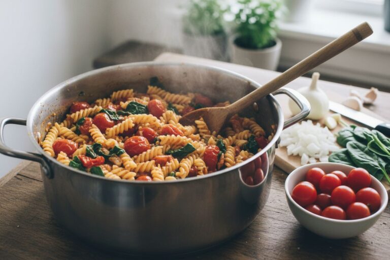 One pot pasta recette facile et rapide tomates cerises épinards