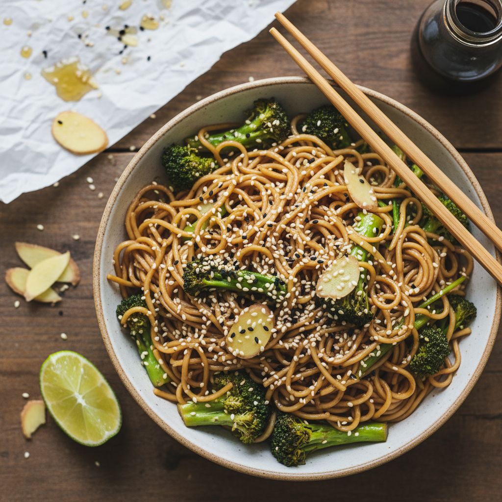 Nouilles sautées sésame-gingembre au brocoli (wok)