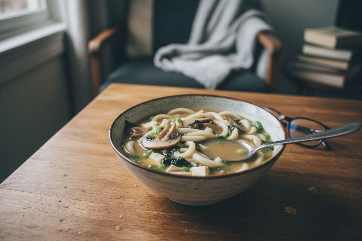 Soupe miso aux nouilles udon et champignons