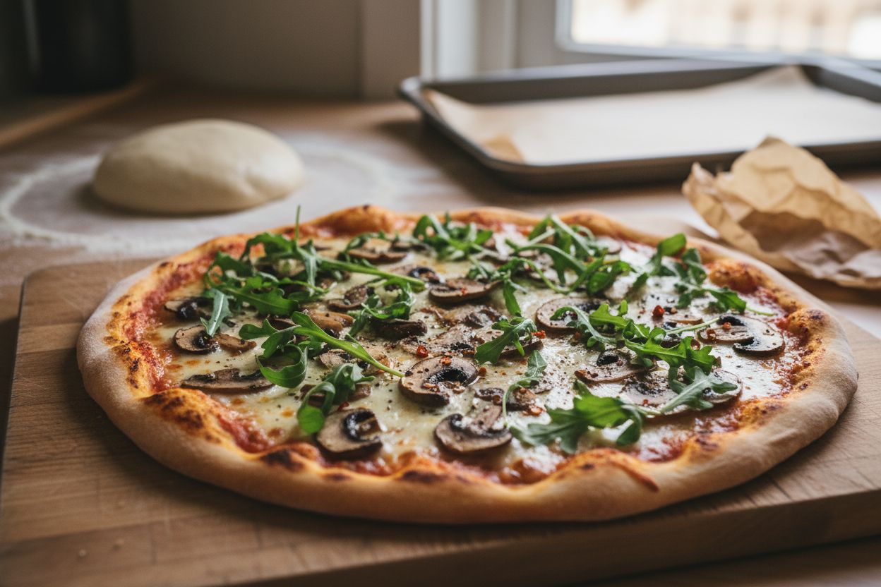 Pizza aux champignons et roquette